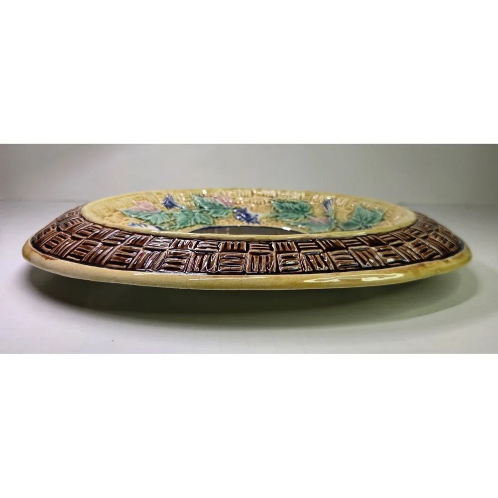 Antique Oval Majolica Basket Weave Footed Platter Floral Bread Bowl Cobalt 12¾